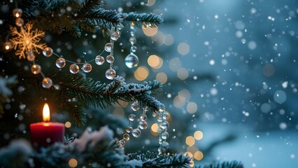 Magical Frosted Christmas Tree, Crystal Garland, Snowfall, and Warm Candlelight