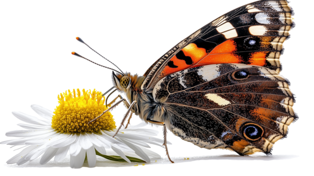 A Red Admiral butterfly with its wings fully extended showing off its striking red and black patterns, isolated on white background.