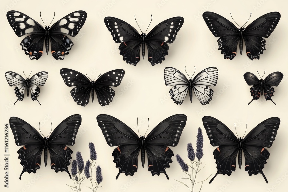 Poster a close-up image of a group of black and white butterflies on a white surface