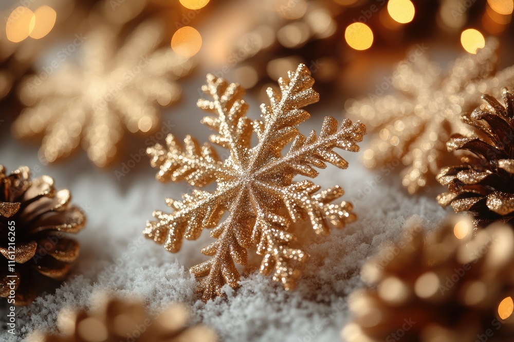 Poster a close-up shot of a delicate snowflake surrounded by pine cones