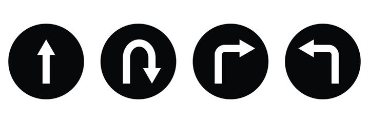 Go straight, this way, one way, only u turn left and right black arrow sign. Vector illustration. EPS 10.