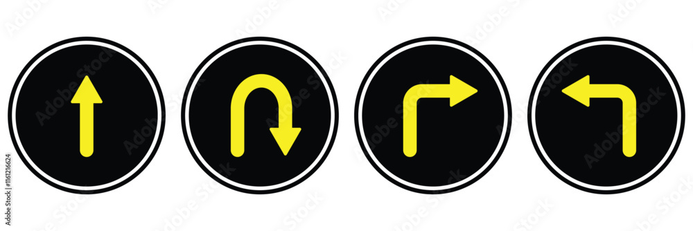 Poster go straight this way one way only u turn left and right black arrow sign vector illustration. direct