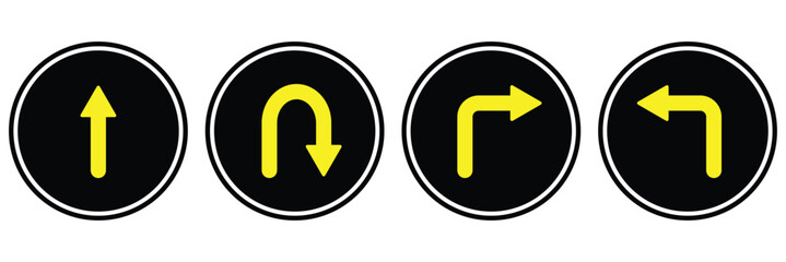 Go straight this way one way only u turn left and right black arrow sign vector illustration. Direction arrow icon set. 