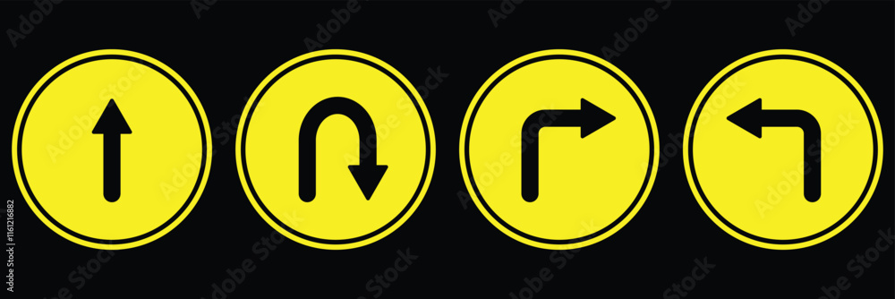 Poster go straight this way one way only u turn left and right black arrow sign vector illustration. direct