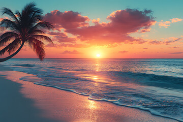 A serene tropical beach during sunset featuring golden skies, gentle waves, and palm trees silhouetted against the horizon, creating a perfect scene for relaxation and vacation inspiration.

