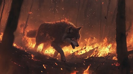 Fiery Wolf in Burning Forest: A Digital Painting of a Wolf Walking Through a Forest Fire