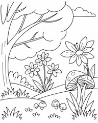 Beautiful Black-and-White Flower Scene for Coloring Pages with Clean Line Art
