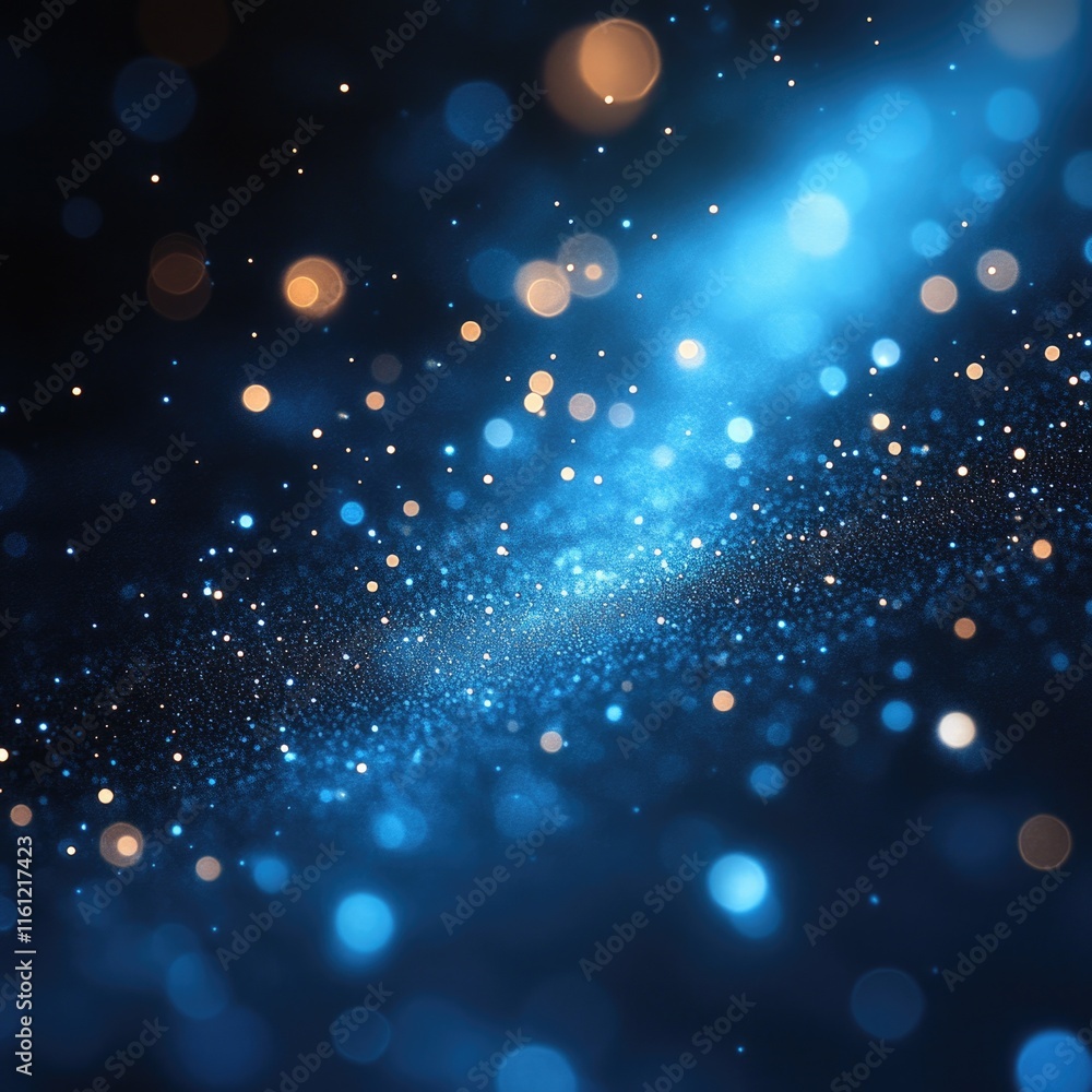 Poster blurry image of blue lights and stars against a dark background, ideal for use in designs related to