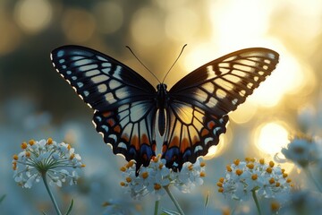 Fototapeta premium A black and white butterfly perched on a colorful flower, its delicate wings spread wide