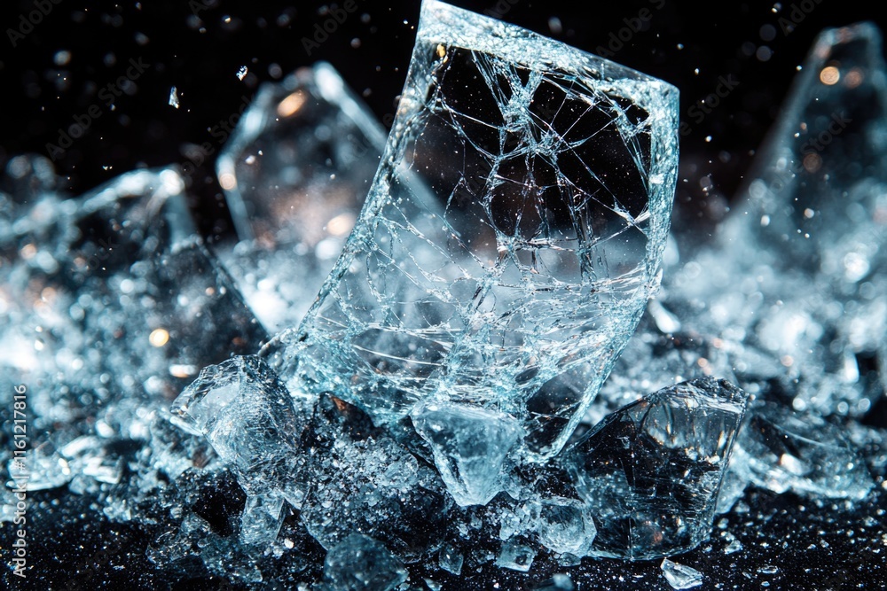 Poster a close-up view of shattered ice fragments on a dark background