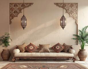 A traditional Arab house with islamic pattern and ramadan lamp decoration. Cosy beige interior