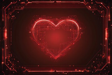 Futuristic Red Heart Design with Digital Elements Framed in a High-Tech Border, Perfect for Valentine’s Day or Romantic Themes in Modern Aesthetics