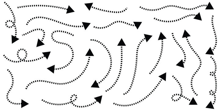 Hand drawn dotted arrows set. Sketch curved dashed arrows design. Arrow handmade. Doodle arrows of varios shapes and directions.