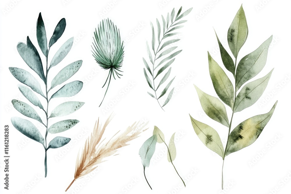 Poster a collection of four watercolor leaves on a white background, suitable for use in designs and layout