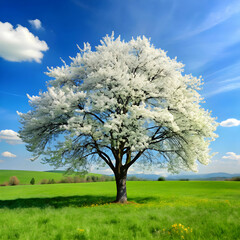 white blooming tree in a green meadow first bloomi