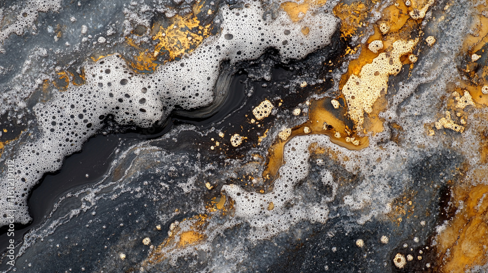 Poster natural patterns of foam and mineral deposits on a dark surface create a striking visual effect