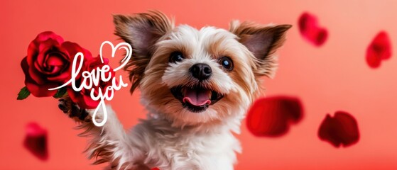 Adorable Yorkshire Terrier Puppy Holding a Red Rose, Saying Love You for Valentines Day