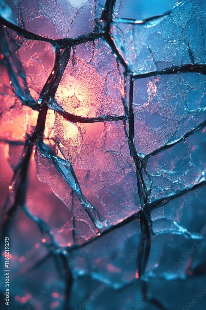 Poster a close-up view of a broken glass with a red light shining in the background