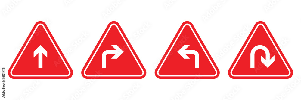 Poster go straight this way one way only u turn left and right black arrow sign direction icon set. vector 
