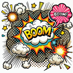 Cartoon comic sign burst cloud. Speech bubble, boom sign expression and   on a white background