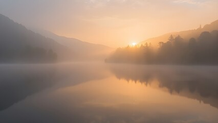 Misty Dawn Envelops Lacu Rosu Lake in Romania, Golden Sunrise over Foggy Mountains and Tranquil Waters