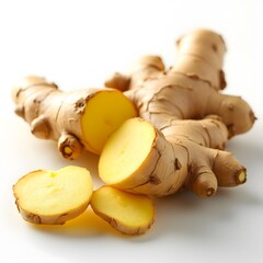 Fresh Ginger Root, Vibrant Sliced Pieces, Close-up, White Background, Warm Natural Light