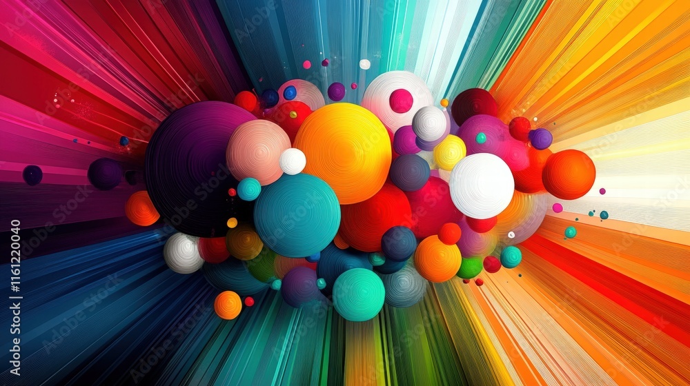 Poster vibrant colorful spheres with dynamic rays of color