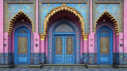 Obraz premium Colorful Mosaic Building Entrance With Blue Doors