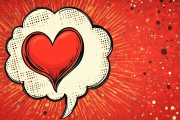 Vibrant Valentine’s Day Heart Design with Comic Style Speech Bubble on a Bold Red Background, Perfect for Romantic Themes and Seasonal Celebrations