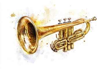 Naklejka premium Watercolor illustration of a golden trumpet with intricate details and ornate design