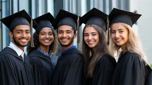 Group of smiling diverse students in caps and gowns posing together outdoors, celebrating their graduation with joy and excitement in the sunlight