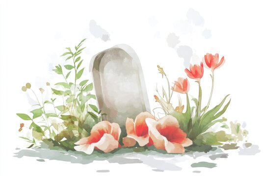 A grave surrounded by flowers, ideal for memorial or funeral scenes