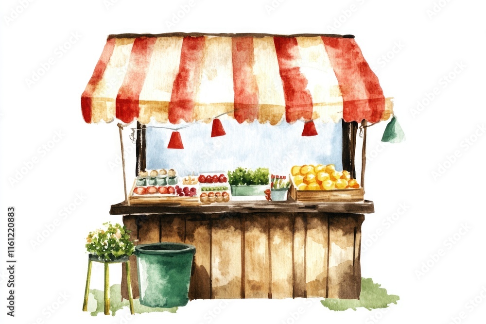 Poster a colorful fruit stand with various fruits and vegetables displayed on a wooden table