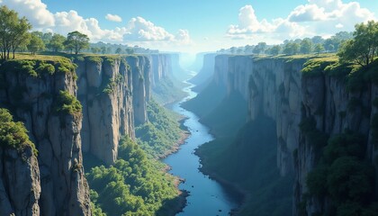 Illustration of a Birds-eye View of a High Cliff Overlooking a Canyon