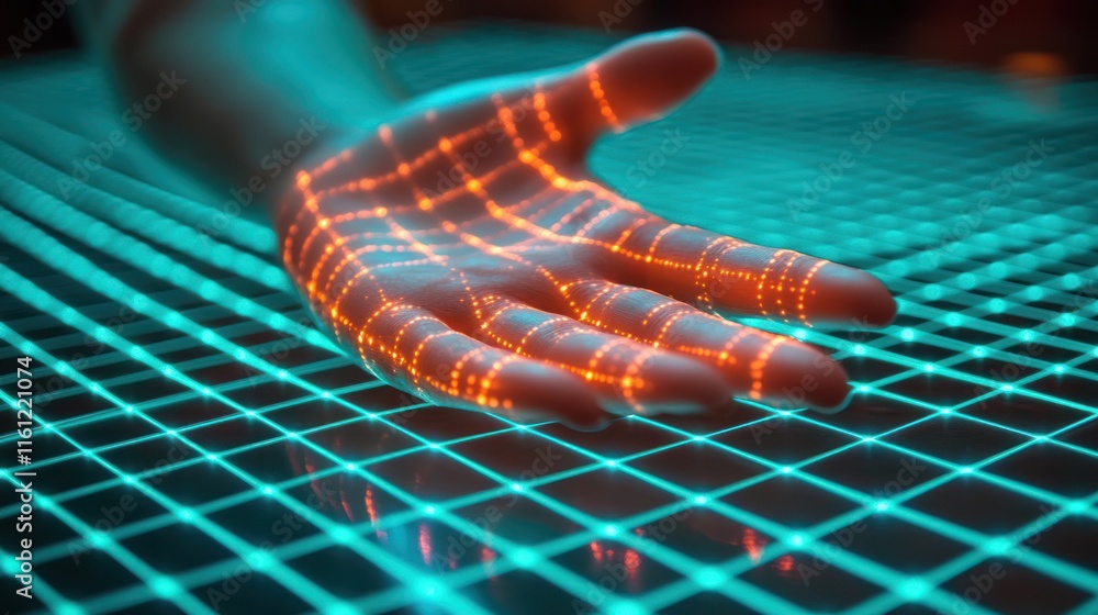 Poster hand with glowing digital grid lines on a futuristic surface.