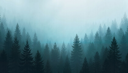 Illustration of a Birds-eye View of a Misty Forest Canopy, with Only the Tallest Tree Tops Breaking Through the Fog