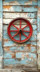 Obraz premium Rustic Red Wheel on Weathered Wooden Wall