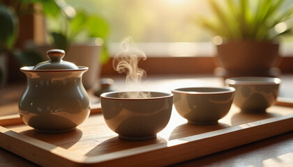 Steaming tea cups on wooden tray with green plants in background