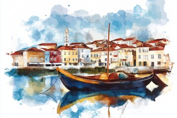 Fototapeta premium A watercolor painting of a peaceful boat in a quiet harbor, perfect for use as a calm and serene background image