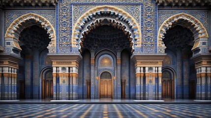 Fototapeta premium Majestic Blue Mosaic Mosque Entrance With Arched Architecture