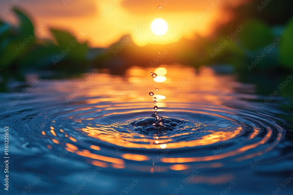 Poster a close-up view of a single water droplet on the surface of a body of water, suitable for use in sci