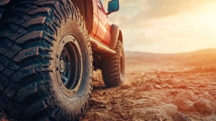 Off-Road Adventure: A Red car Tire on a Dusty Trail at Sunset