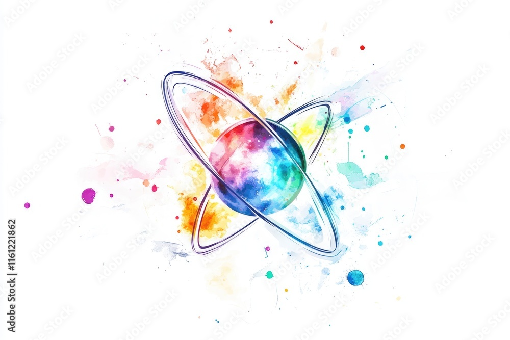 Poster A colorful image of a planet with a ring orbiting it, suitable for use in illustrations about astronomy and space exploration