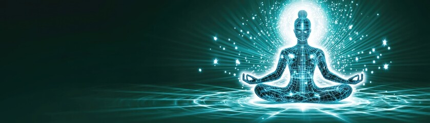 A glowing silhouette of a meditating figure surrounded by radiant light and energy.