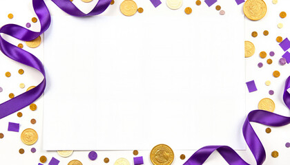 Blank card with purple ribbon and gold coins background