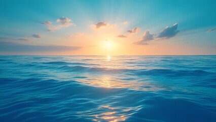 Fototapeta premium Serene Dawn Ocean Landscape, Mesmerizing Sunlight on Rippling Waves, Tranquil Sea Reflecting Cerulean Sky