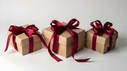 Obraz premium Elegant Eco-Friendly Gift Boxes with Crimson Satin Ribbons, Sustainable Packaging for Presents