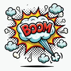 Cartoon comic sign burst cloud. Speech bubble, boom sign expression and   on a white background
