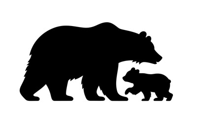 Silhouettes of a mother bear and her cub, isolated on a white background. Vector illustration
