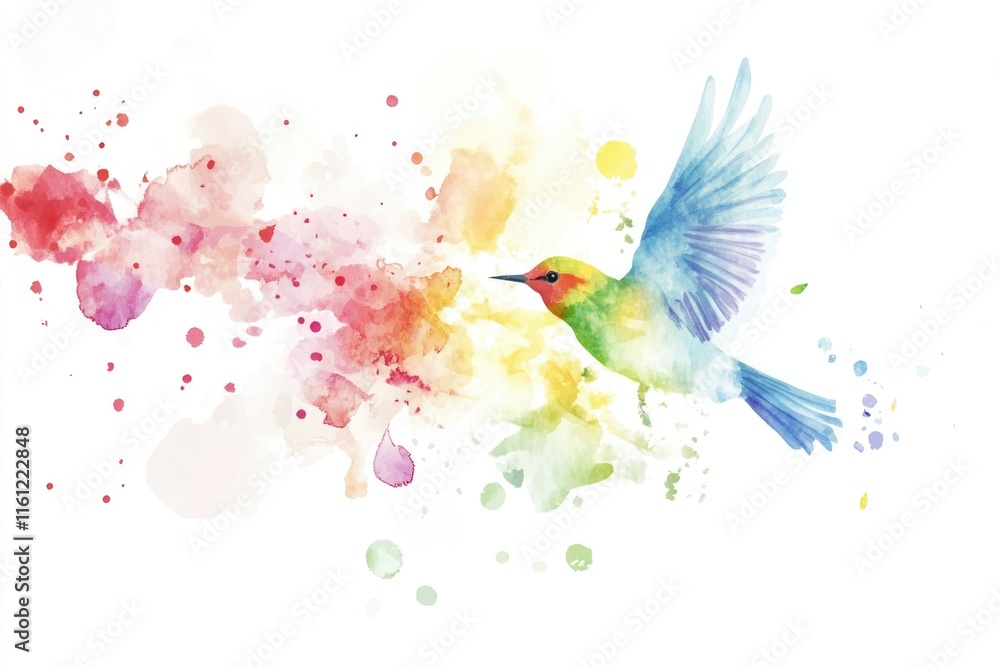 Poster a colorful hummingbird soaring through the air, its iridescent feathers glistening in the light